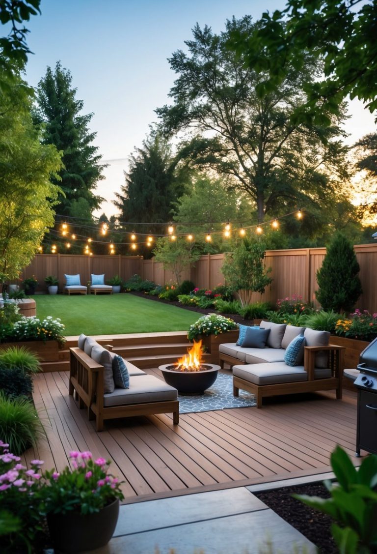 A backyard with a wooden deck, comfortable seating, potted plants, a fire pit, and a well-maintained lawn with trees and garden lights.