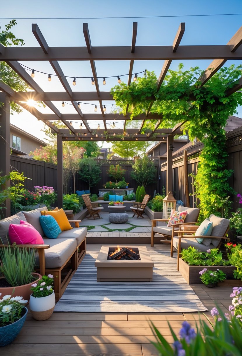 A backyard with a wooden deck, comfortable seating, pergola with string lights, fire pit area, flower beds, and a small vegetable garden under a clear sky.