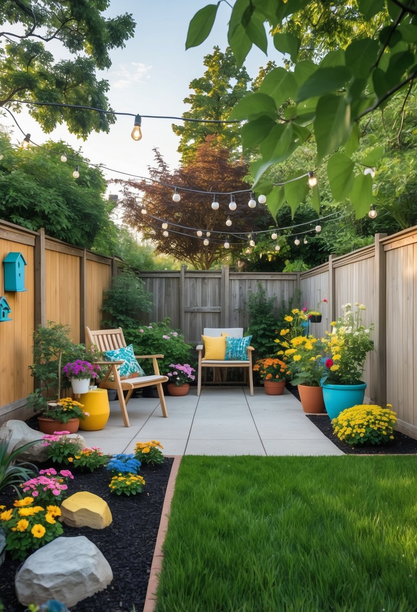 A cozy backyard with wooden furniture, colorful plants, string lights, and a small lawn bordered by flowers and a wooden fence.