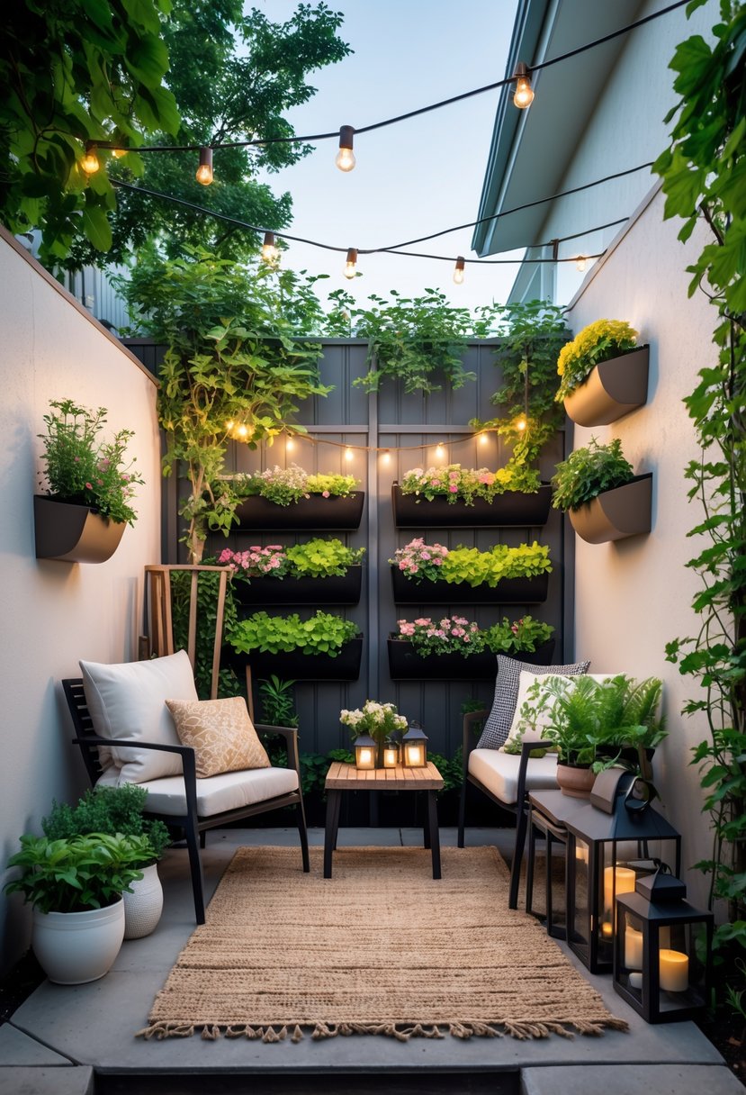 A small apartment backyard with cozy seating, vertical garden planters, string lights, and potted plants creating a peaceful outdoor space.