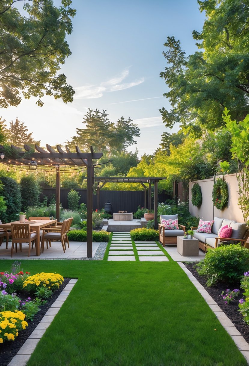 A backyard with green lawn, flower beds, outdoor seating, string lights, a pergola, garden path, vegetable garden, and fire pit.