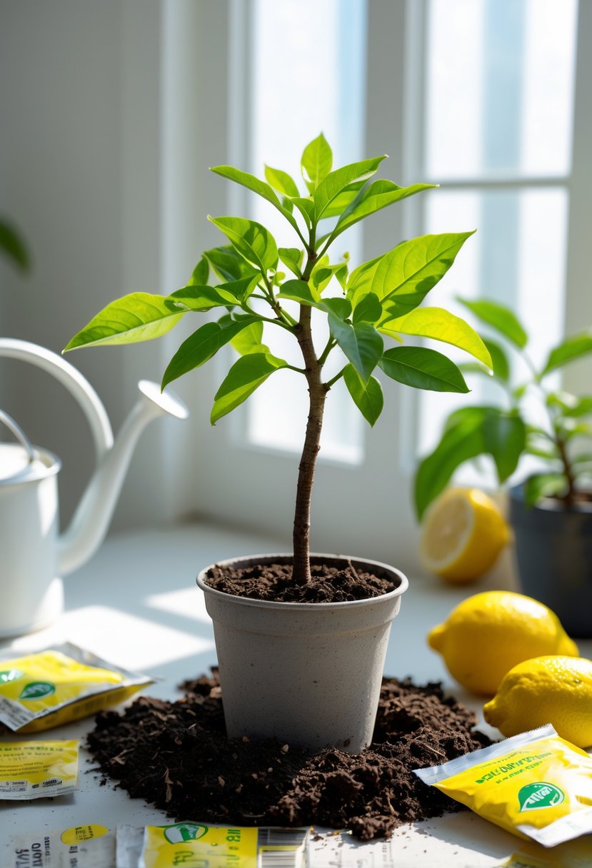 A young lemon tree seedling growing indoors in a small pot with green leaves and gardening tools nearby.