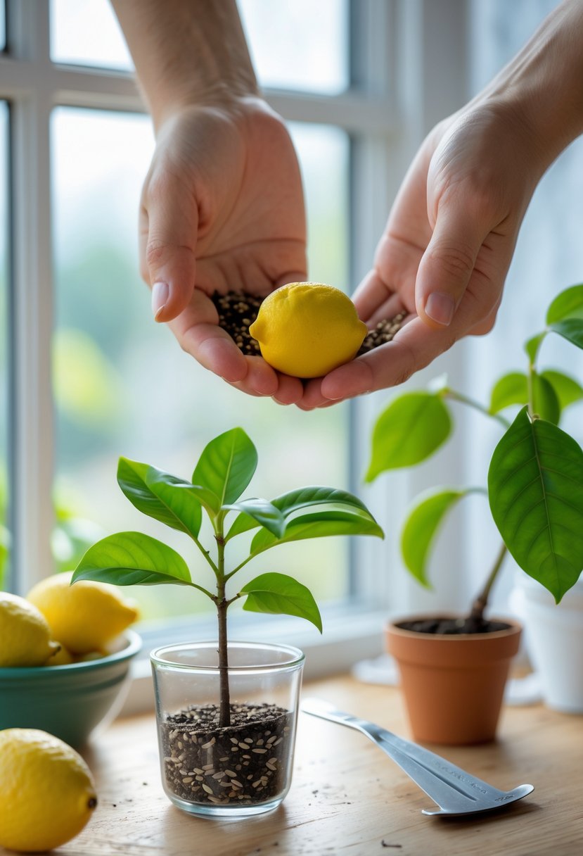 Hands planting lemon seeds in soil indoors with a young lemon seedling on a windowsill and gardening tools nearby.
