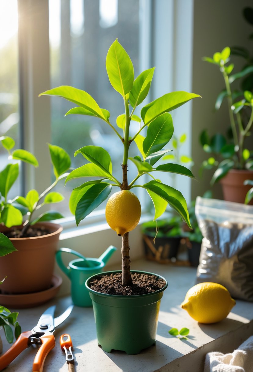 Close-up of a lemon tree seedling in a pot on a sunny windowsill with gardening tools nearby.