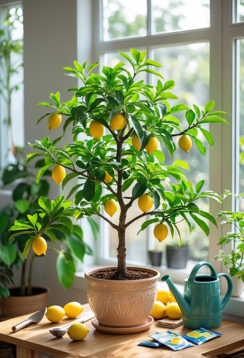 A healthy lemon tree with green leaves and small lemons growing indoors near a sunny window on a wooden table with gardening tools nearby.