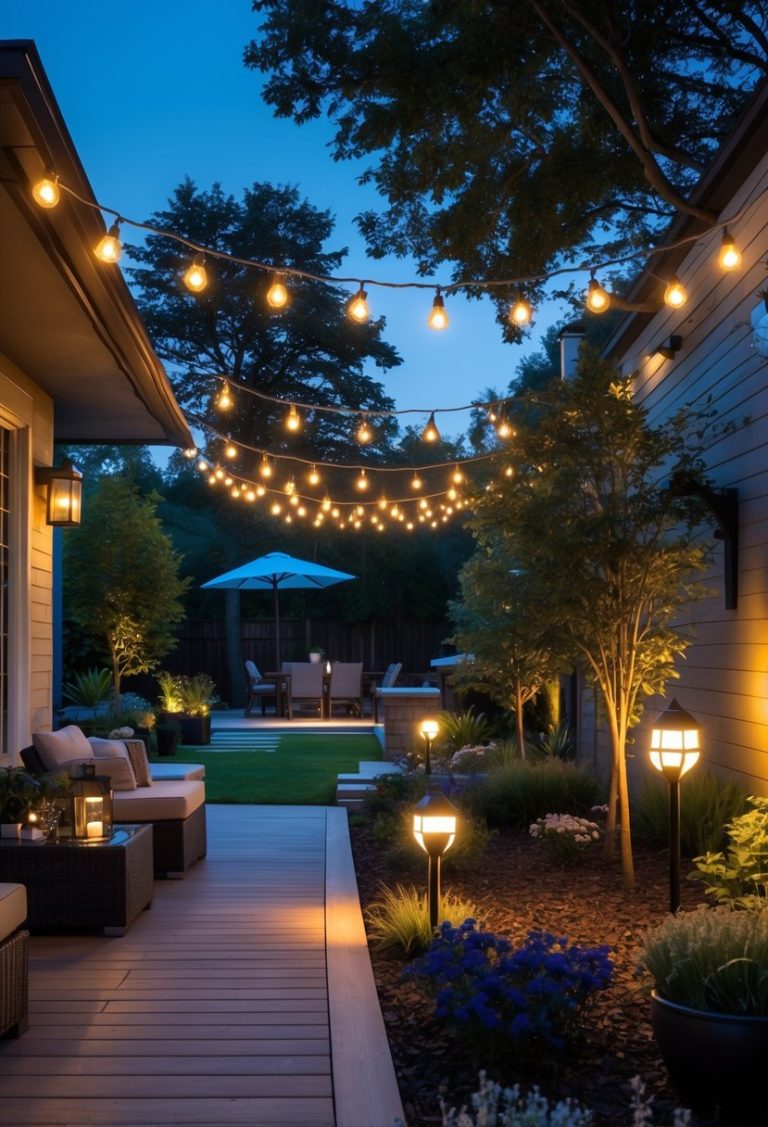 A backyard garden at twilight with various outdoor lights including string lights, lanterns, wall sconces, stake lights, and spotlights illuminating plants, pathways, and seating areas.