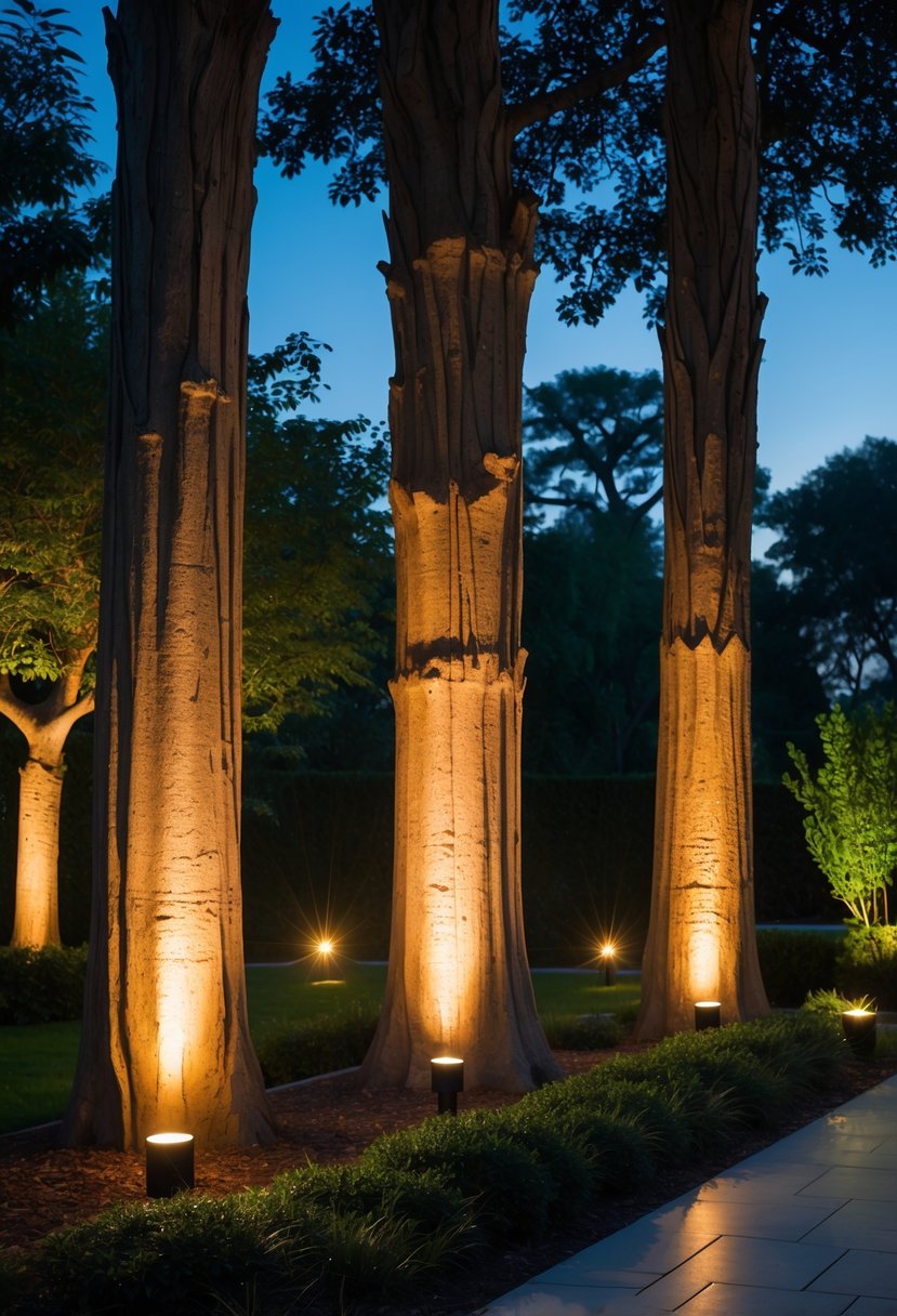Outdoor nighttime scene with LED spotlights illuminating tall trees in a garden.