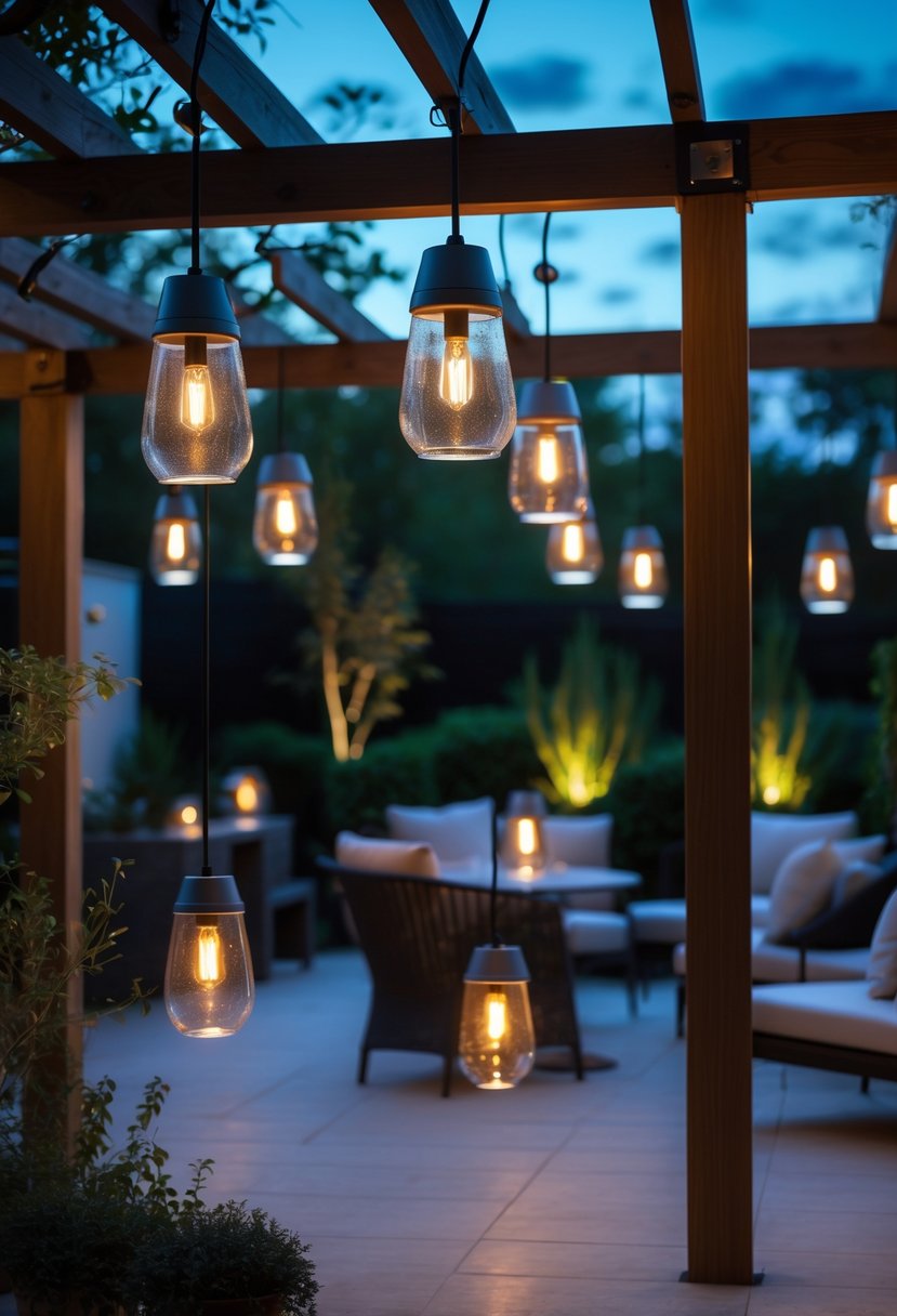 An outdoor patio at dusk with multiple waterproof pendant lights hanging above a seating area surrounded by plants.