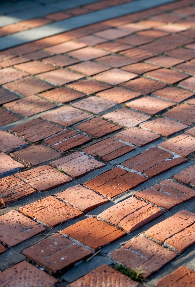Close-up view of a ground surface paved with herringbone pattern brick pavers.