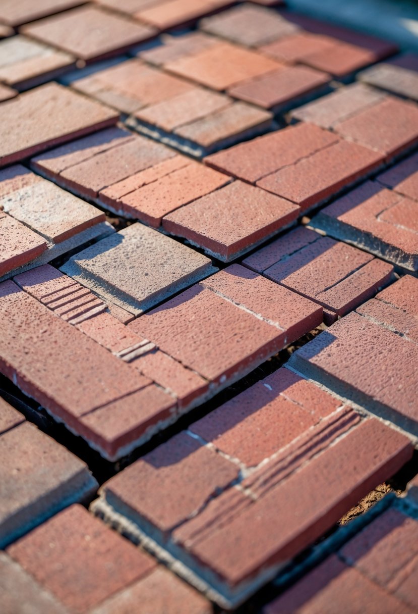 Close-up view of red brick pavers arranged in a herringbone pattern on the ground.