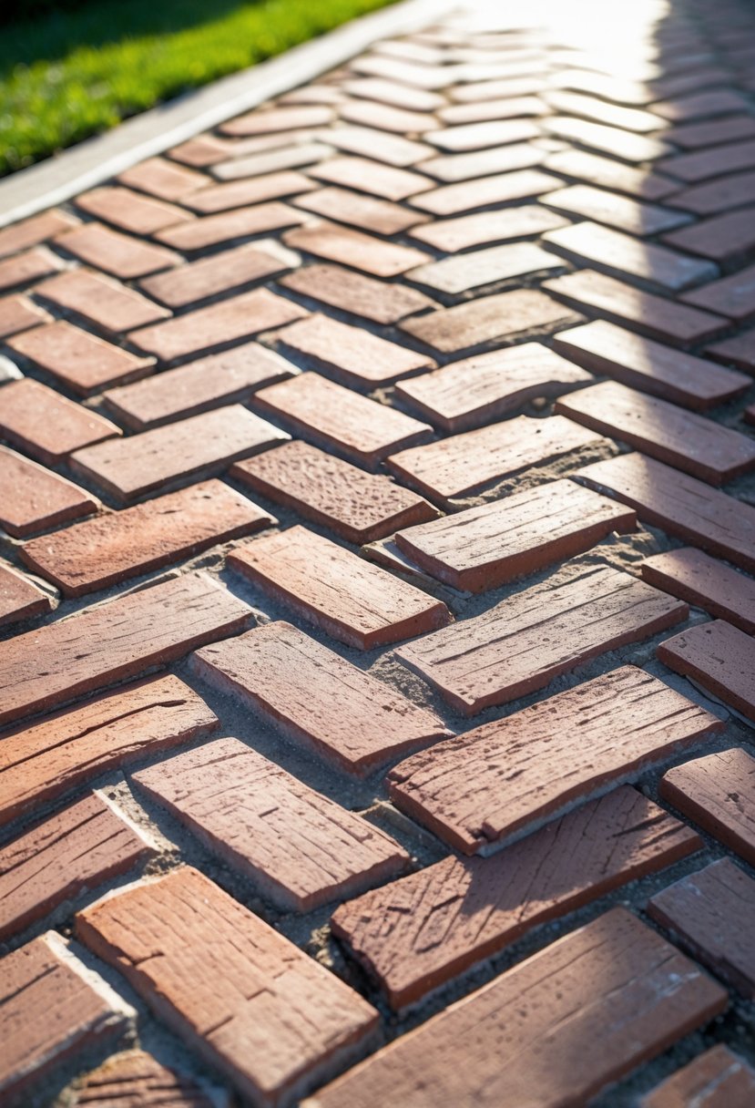 Close-up of a clean outdoor walkway paved with reddish-brown herringbone brick pavers surrounded by green plants.