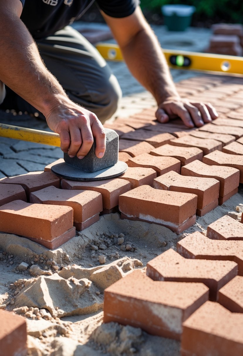 Hands installing red brick pavers in a herringbone pattern on a sandy surface with tools nearby.
