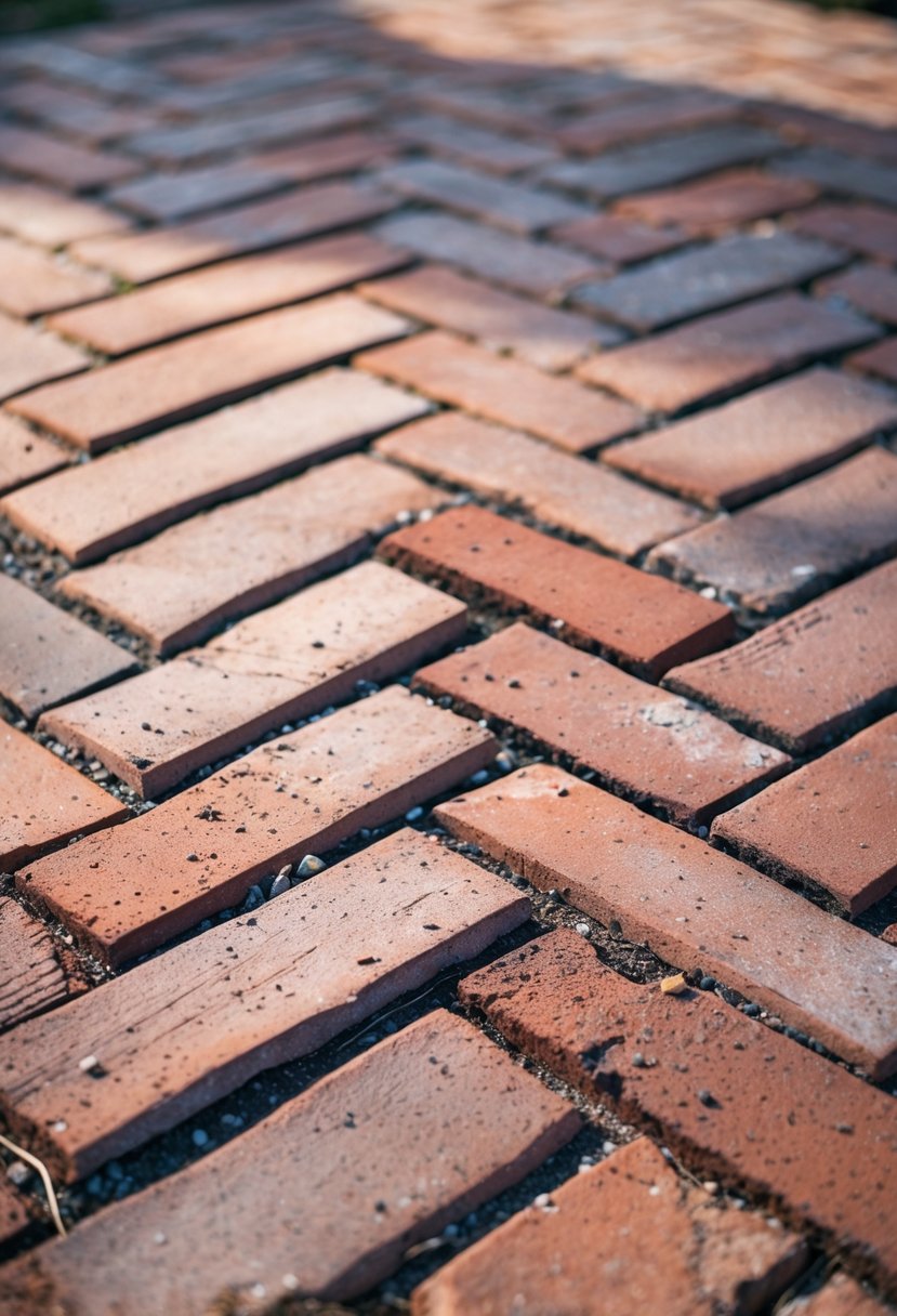 Close-up of clean and well-maintained herringbone pattern brick pavers outdoors.