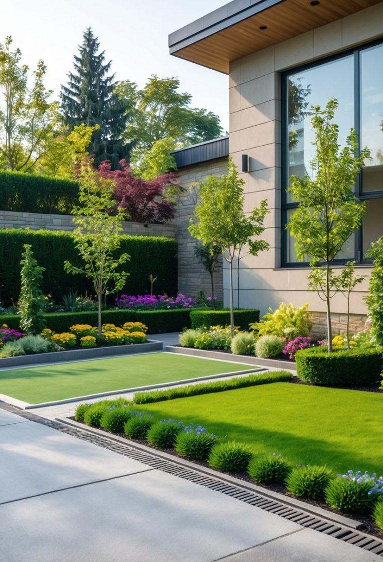 A modern home with a car parking area surrounded by a green garden with bushes, flowers, and trees.