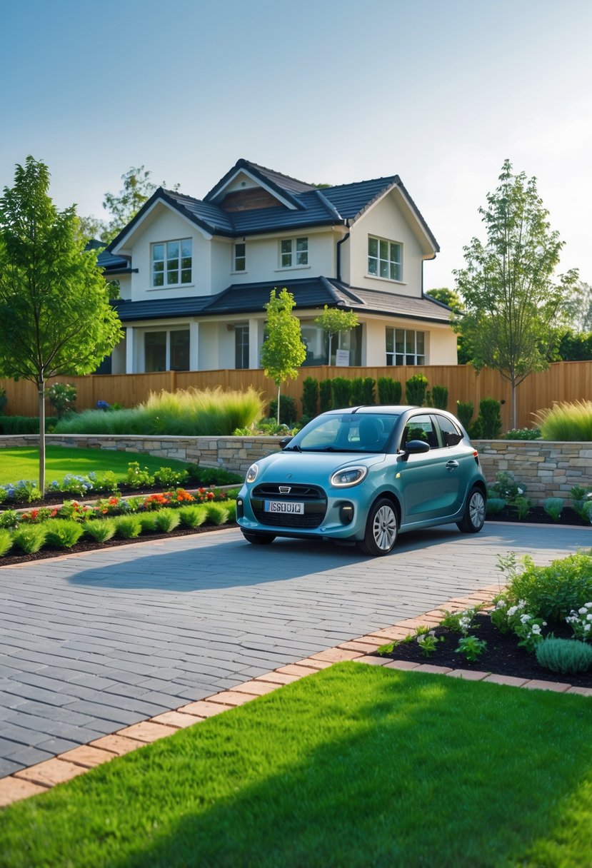 A car parked on a paved driveway surrounded by a green garden with flowers and shrubs in front of a house.