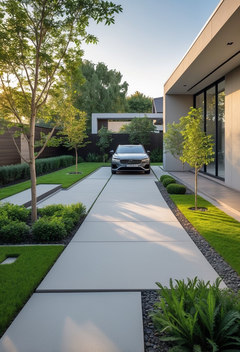A modern car parked on a clean driveway surrounded by a home garden with green lawns and shrubs.