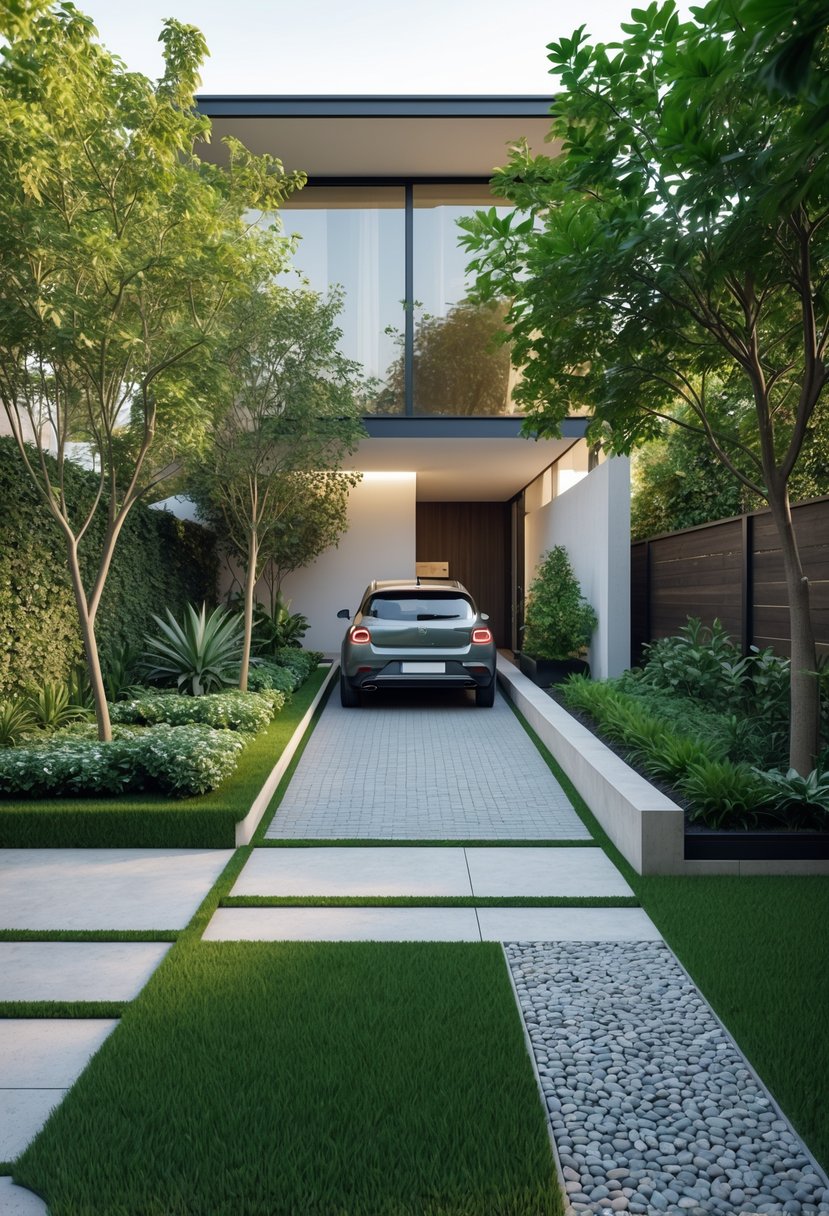 A small car parked in a compact driveway surrounded by a neatly maintained home garden with plants and stone pathways.