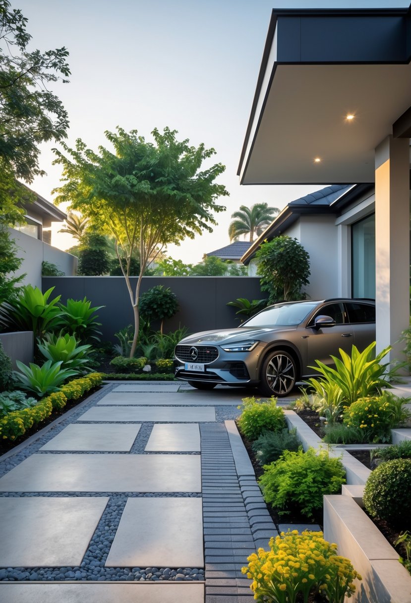 A car parked on a driveway surrounded by a home garden with plants and flowers.