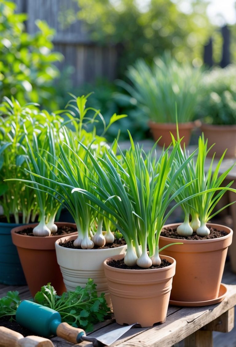 Containers with healthy green garlic plants growing on a wooden deck with gardening tools nearby.