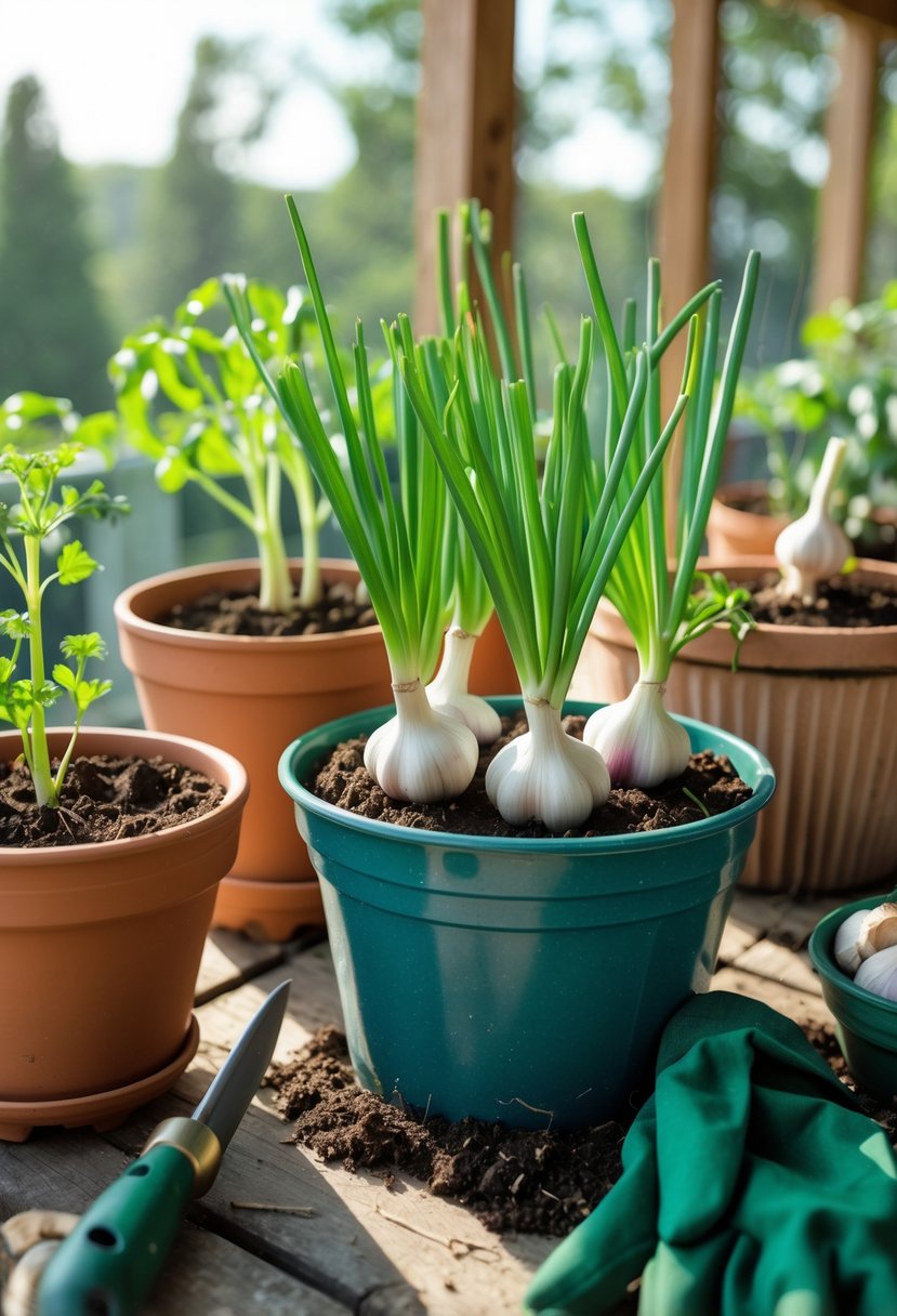 Close-up of garlic plants growing in various containers on a sunny patio with gardening tools nearby.
