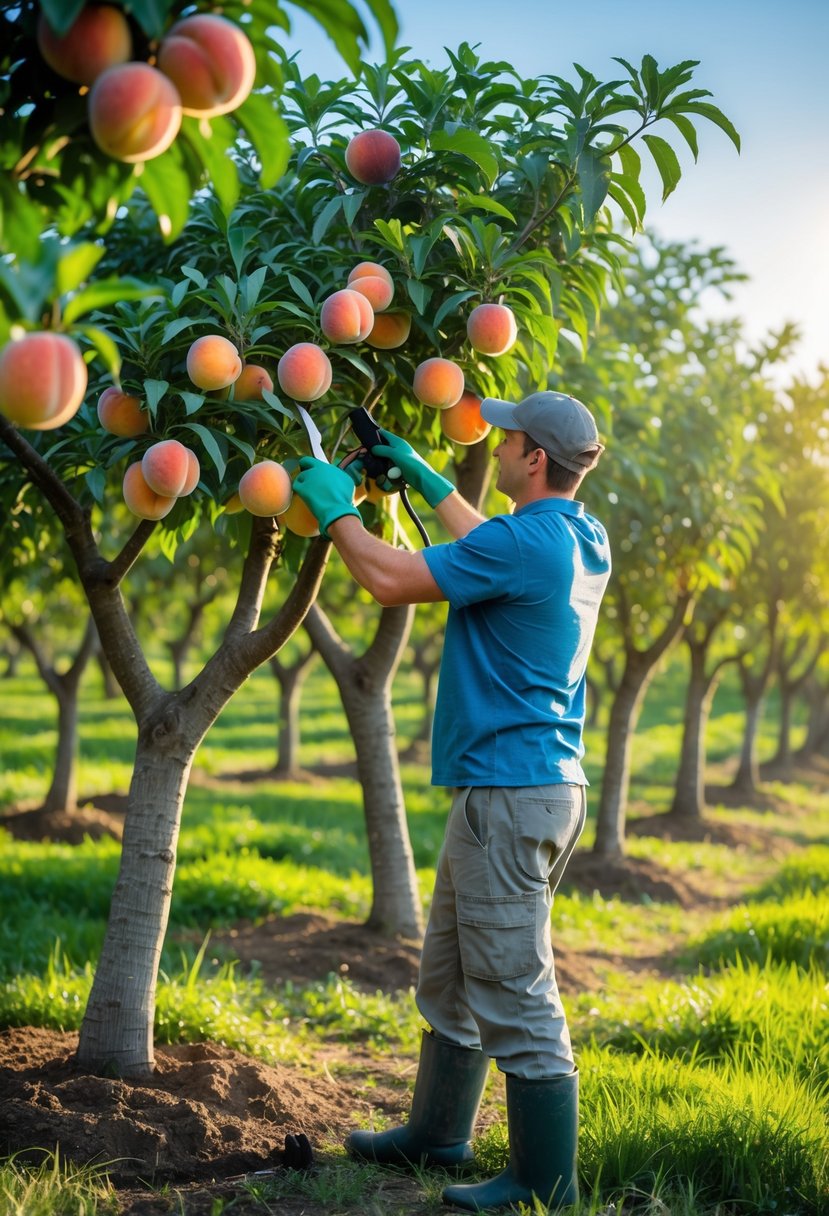 A gardener pruning a healthy peach tree laden with ripe peaches in a sunlit orchard.