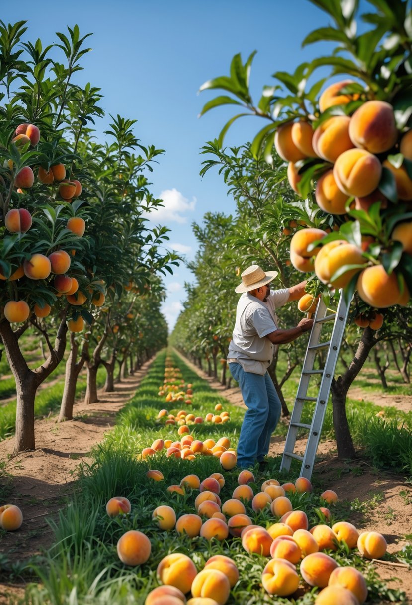 A farmer harvesting ripe peaches from healthy peach trees in a sunlit orchard.