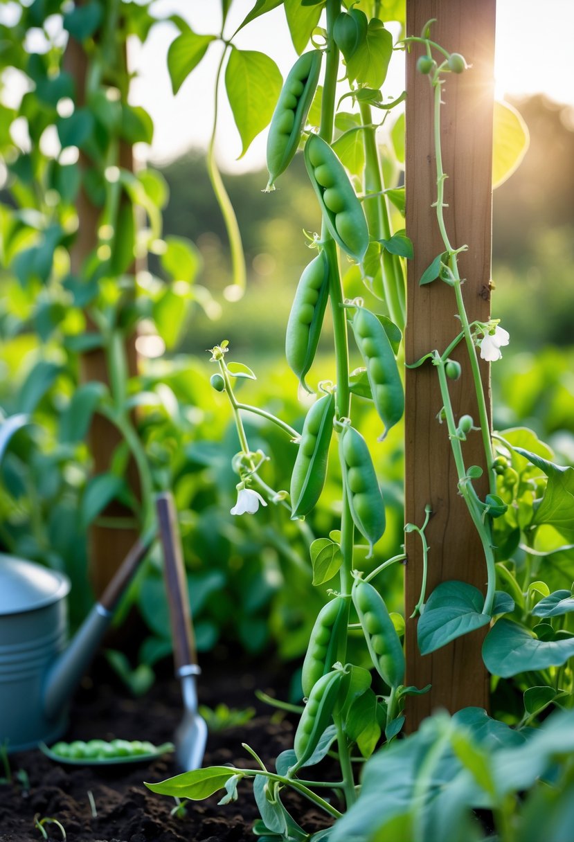 A garden with healthy green pea plants climbing on wooden trellises, showing leaves, flowers, and developing pea pods under natural sunlight.