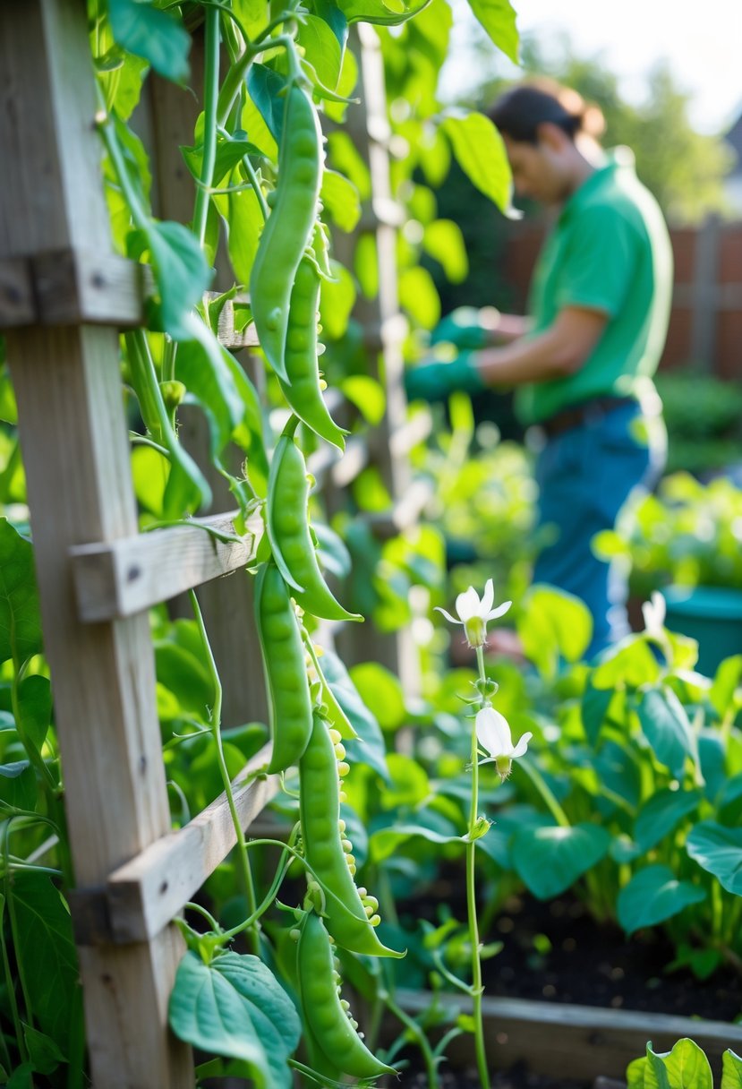 A gardener tending to healthy pea plants growing on wooden trellises in a backyard garden with green pea pods and leaves.