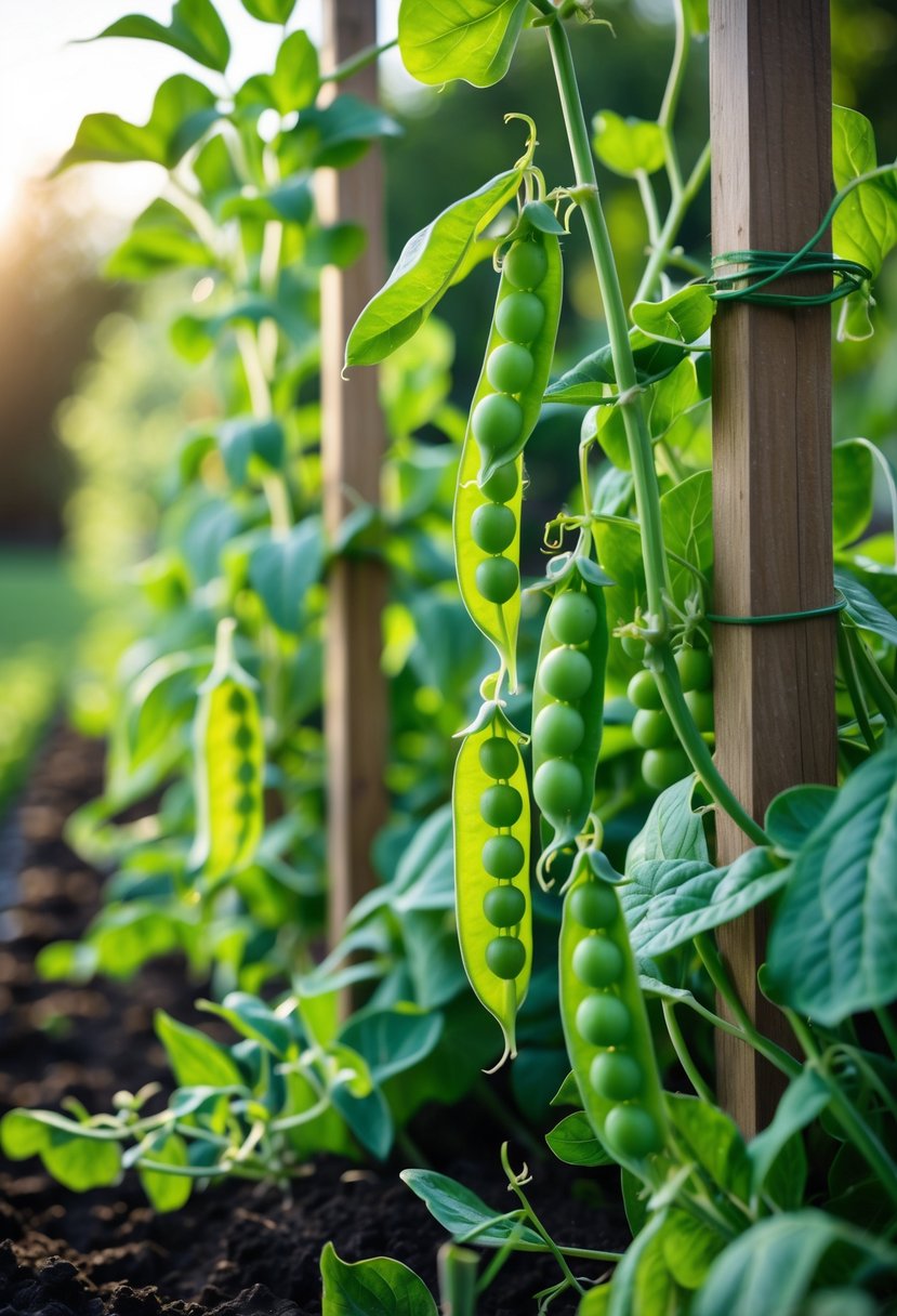 A close-up of healthy pea plants with green leaves and pea pods growing on wooden supports in a garden.