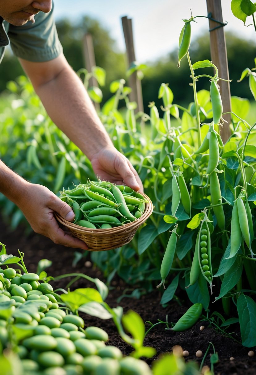 Hands harvesting ripe green peas from a garden pea patch with a basket of freshly picked peas.