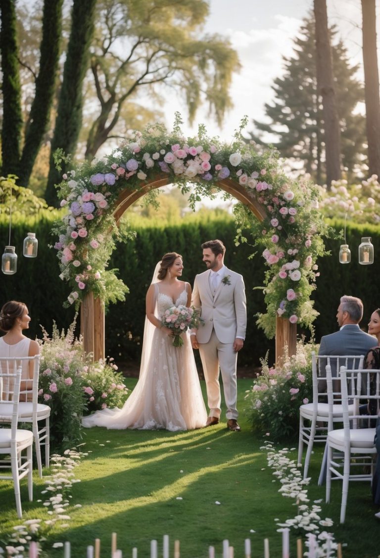 A bride and groom standing under a flower-covered arch in a garden surrounded by chairs and guests during a wedding ceremony.