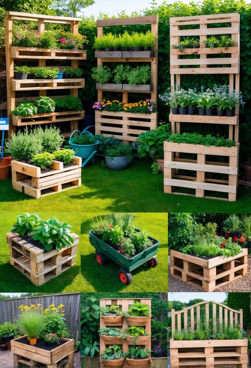 Outdoor garden scene displaying 15 different wooden pallet garden setups with various plants, flowers, and herbs arranged creatively.