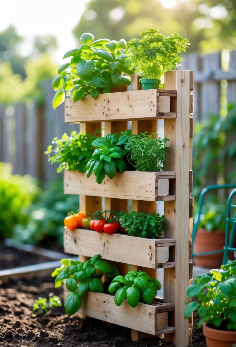 Vertical wooden pallet garden filled with green herbs and small vegetable plants outdoors.