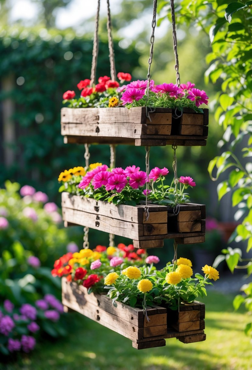 A hanging wooden pallet planter filled with colorful blooming flowers in an outdoor garden.