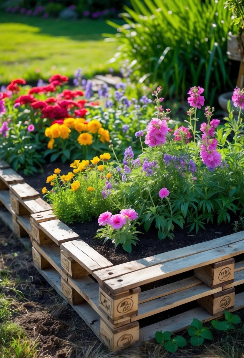 A rustic flower bed made from wooden pallets filled with colorful blooming flowers in a garden.