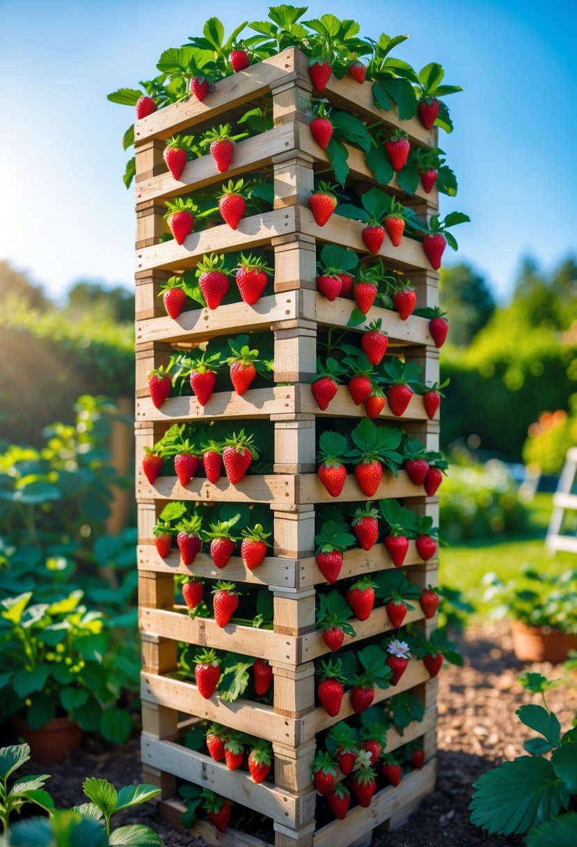 A tall tower made of stacked wooden pallets filled with ripe strawberries growing in a garden.