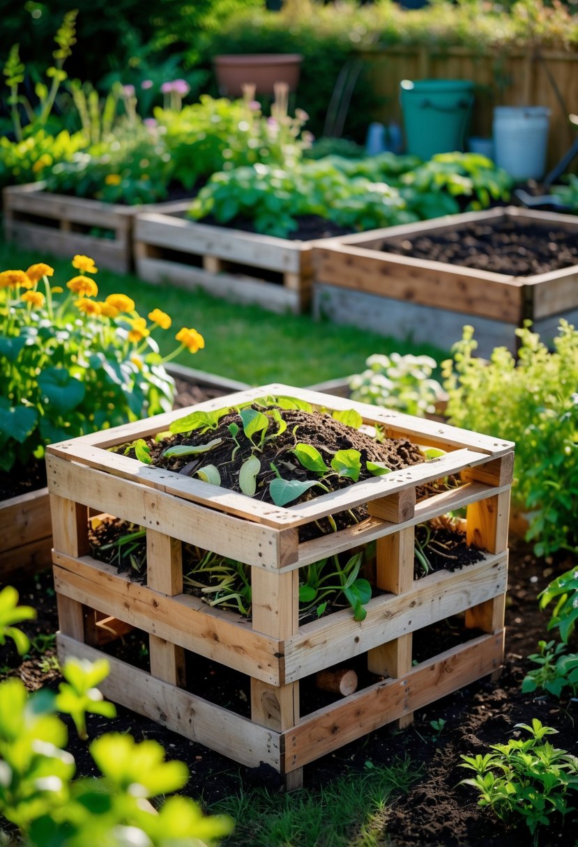 A wooden pallet compost bin filled with organic material in a garden surrounded by plants and garden beds.