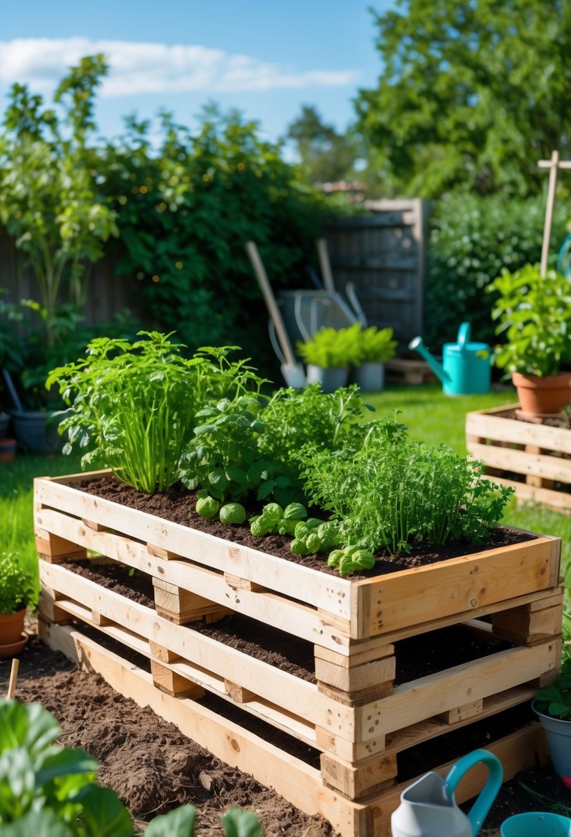 Raised garden bed made from wooden pallets filled with green plants in a sunny backyard.