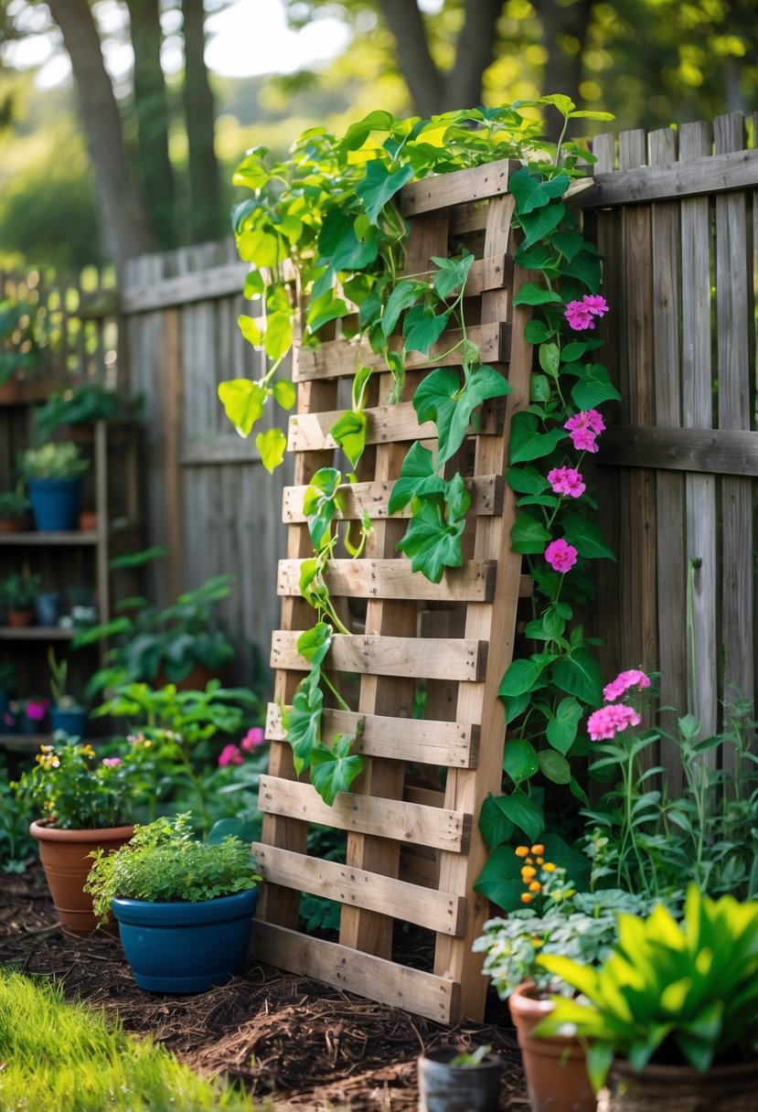 A wooden pallet trellis with climbing plants in a garden setting surrounded by potted plants and greenery.