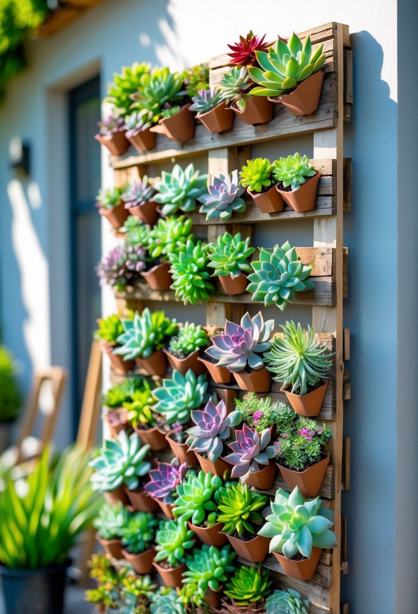 A wooden pallet mounted on a wall filled with various colorful succulent plants arranged in pots and pockets.