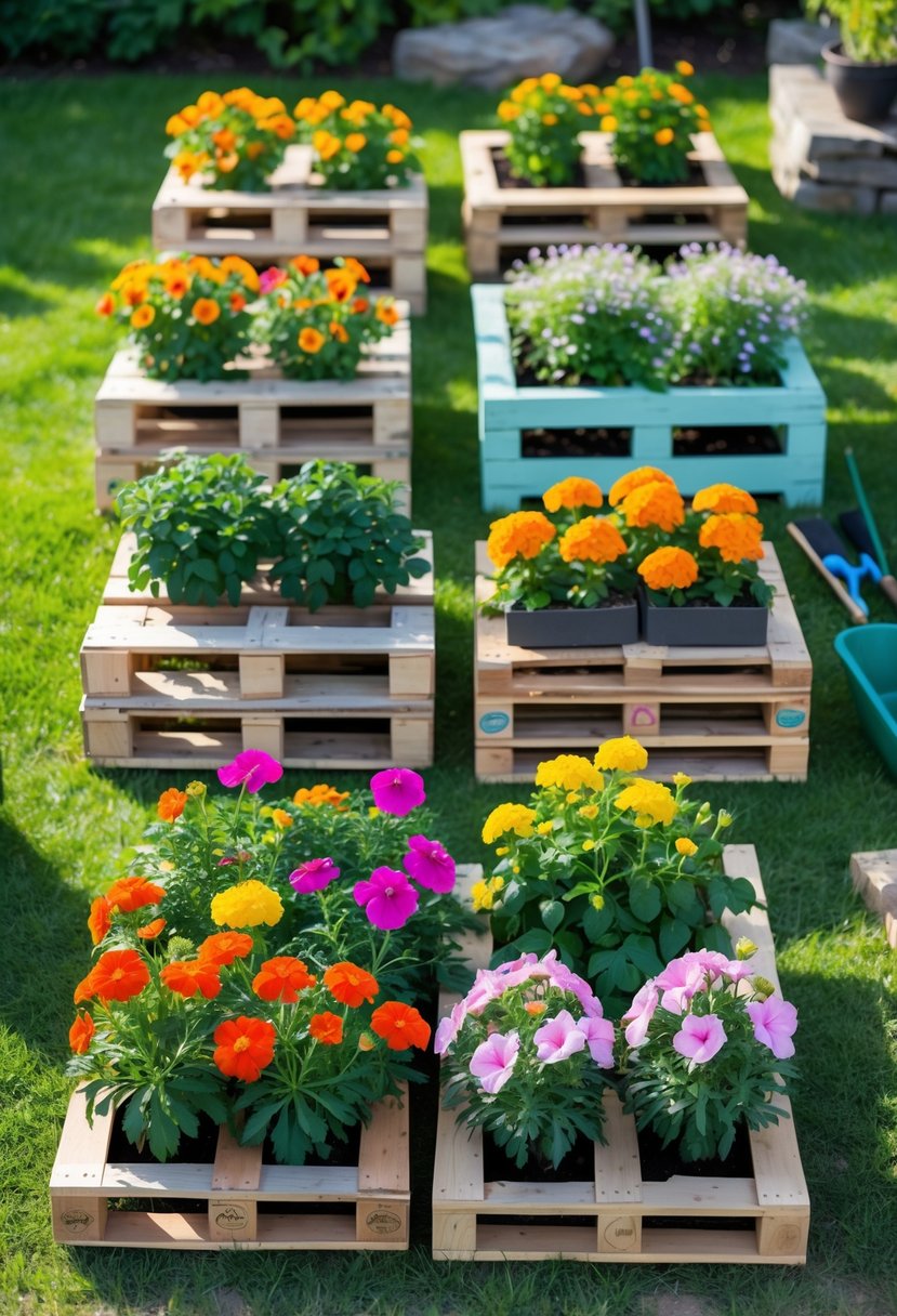 A garden scene with several wooden pallet planter boxes filled with colorful annual flowers arranged outdoors on grass.