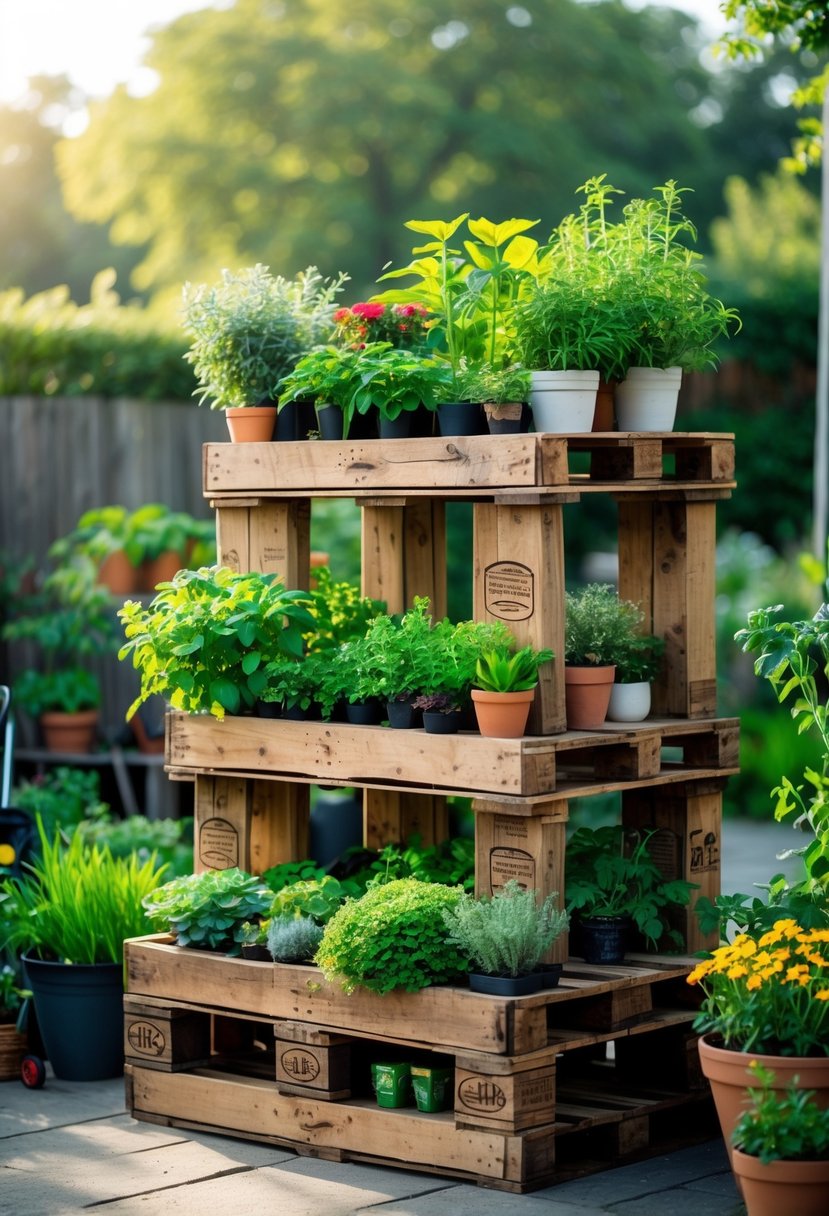 A multi-tiered wooden pallet garden stand outdoors with various green plants and colorful flowers arranged on multiple levels.