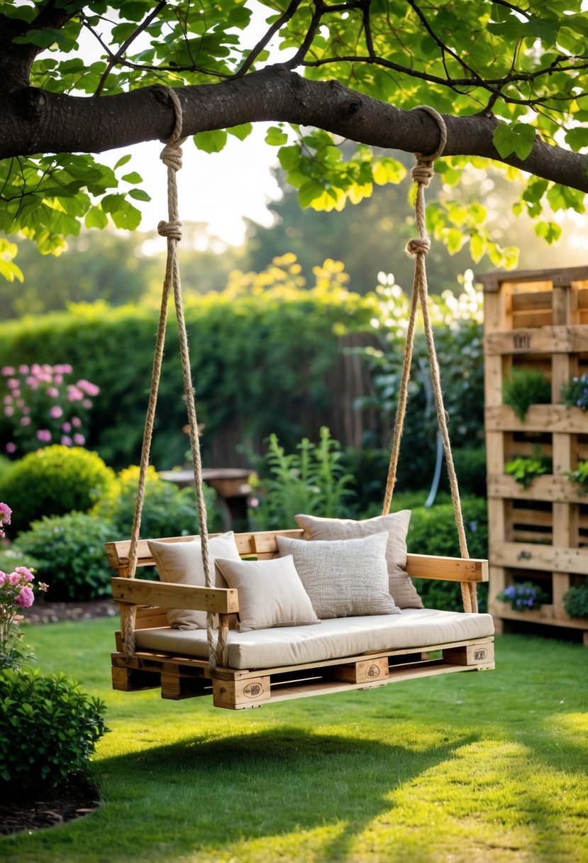 A pallet swing seat hanging from a tree in a green garden surrounded by plants and flowers.