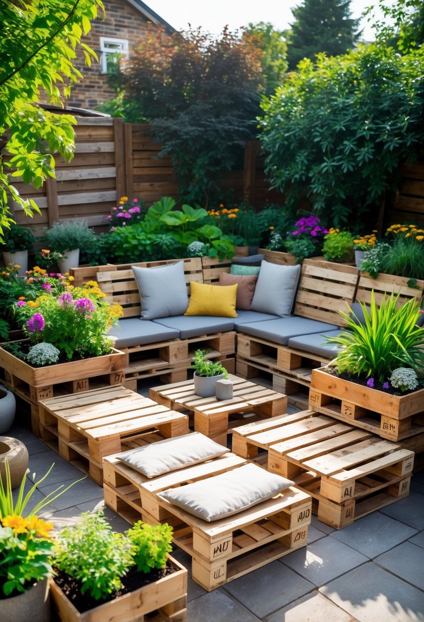 Outdoor wooden pallet lounge with built-in planters filled with green plants and flowers in a sunny garden setting.