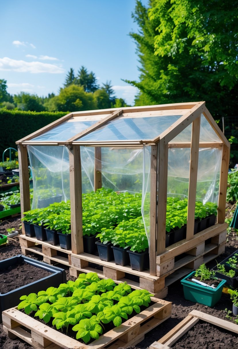 A wooden pallet cold frame protecting green seedlings growing outdoors in a garden with soil beds and plants around.