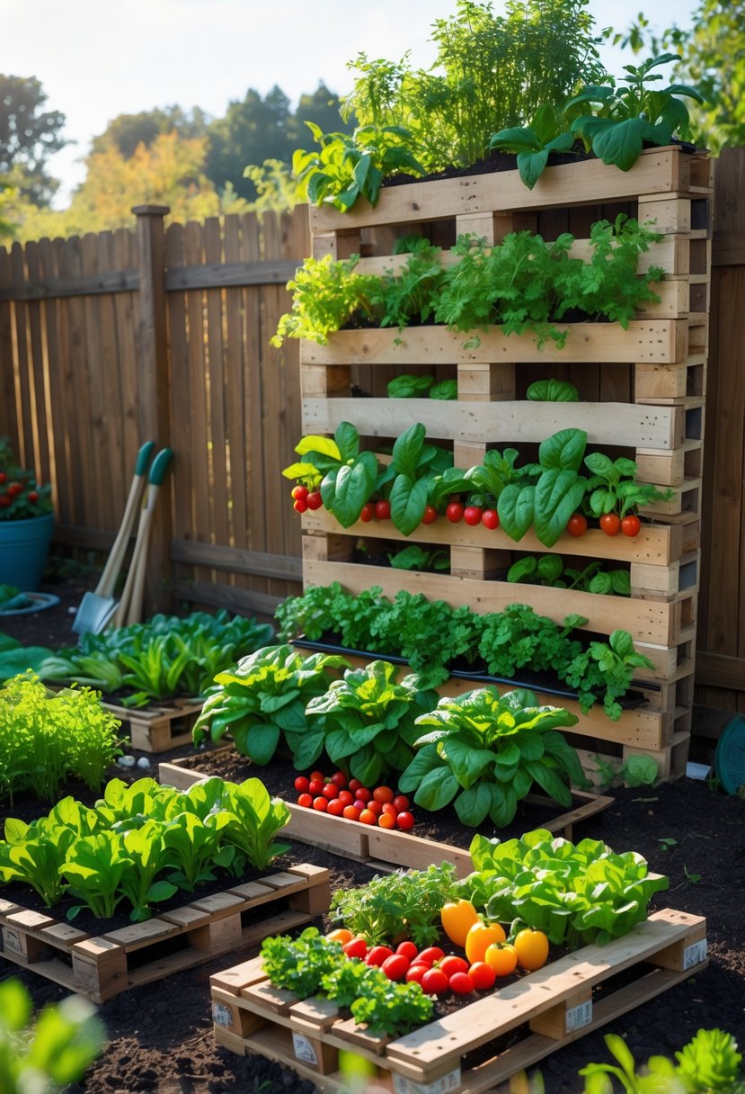 A backyard garden with vertical wooden pallets used as vegetable planters, filled with various green leafy vegetables and herbs.