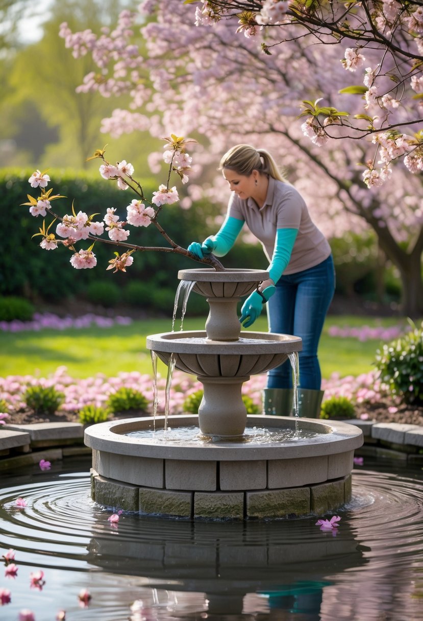 A person building a cherry blossom fountain outdoors surrounded by blooming cherry blossom branches and flowing water.