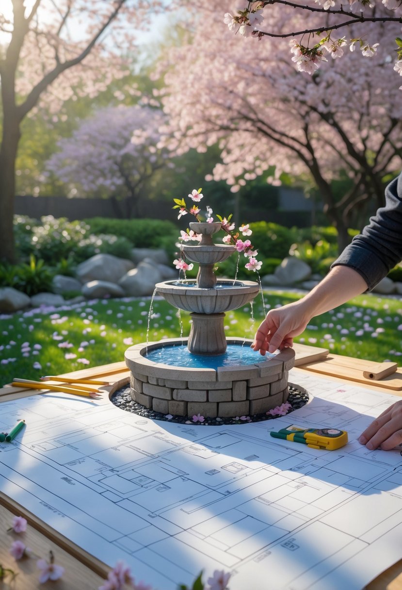 Hands arranging cherry blossom branches around a stone fountain base with blueprints and tools on a wooden table in a garden with blooming cherry trees.