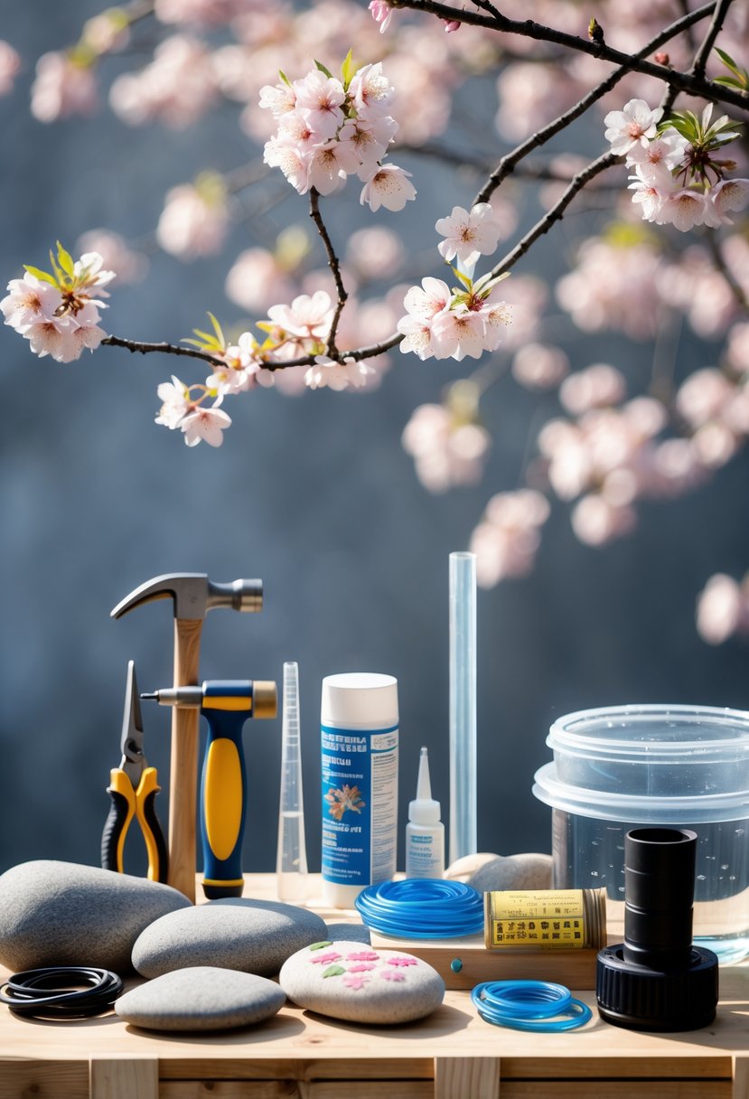A workbench with tools and materials arranged for building a cherry blossom fountain, including hand tools, pipes, a water pump, ceramic tiles with cherry blossom designs, and cherry blossom branches in the background.