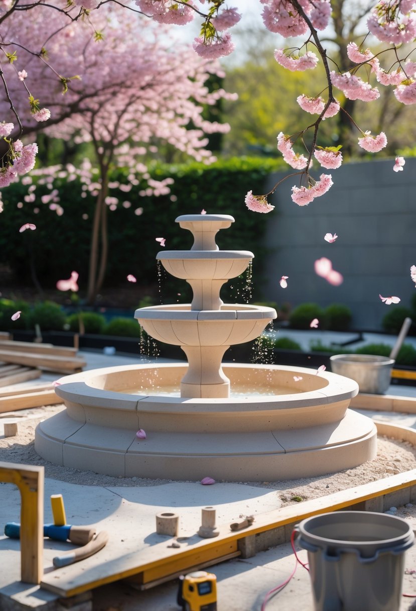 A partially built cherry blossom fountain surrounded by blooming pink cherry blossom branches in a garden setting with construction tools nearby.